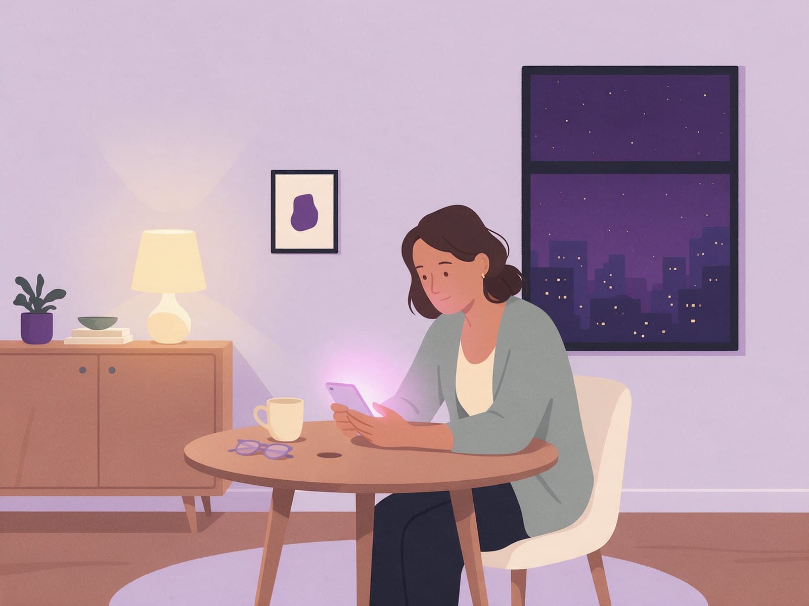 Ilustração de Renata sentada à mesa de casa, à noite, olhando o celular.