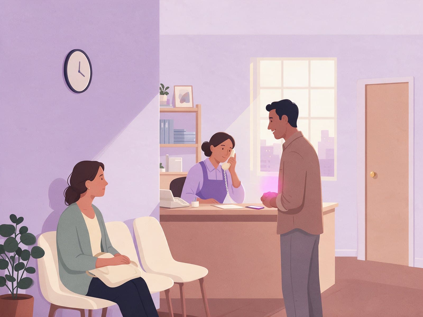 Ilustração da recepção de um consultório: a secretária atende o telefone e uma pessoa no balcão, e Renata espera sentada.
