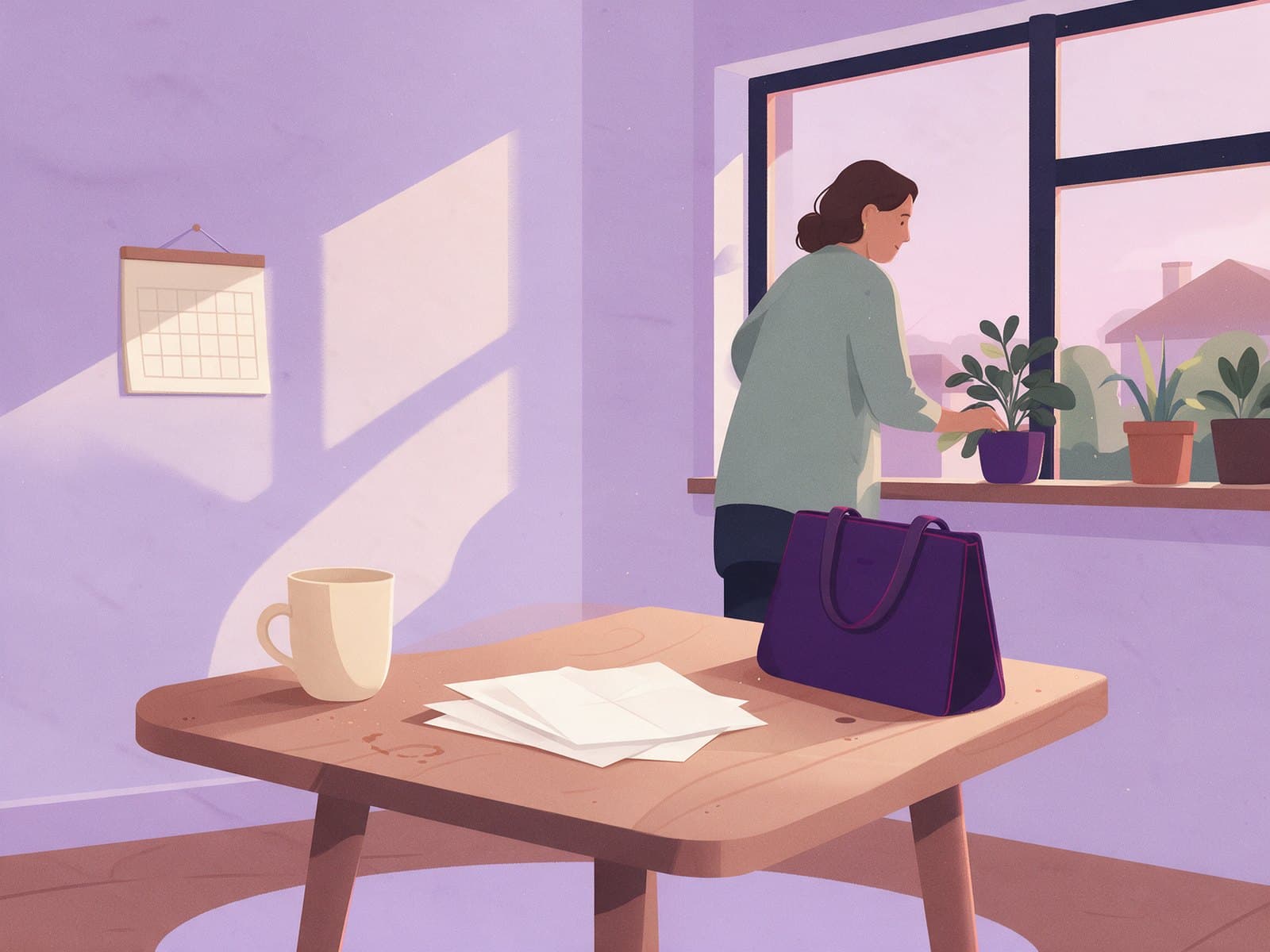Ilustração de pedidos de exame parados sobre a mesa de casa, ao lado da bolsa, com Renata ao fundo de costas.