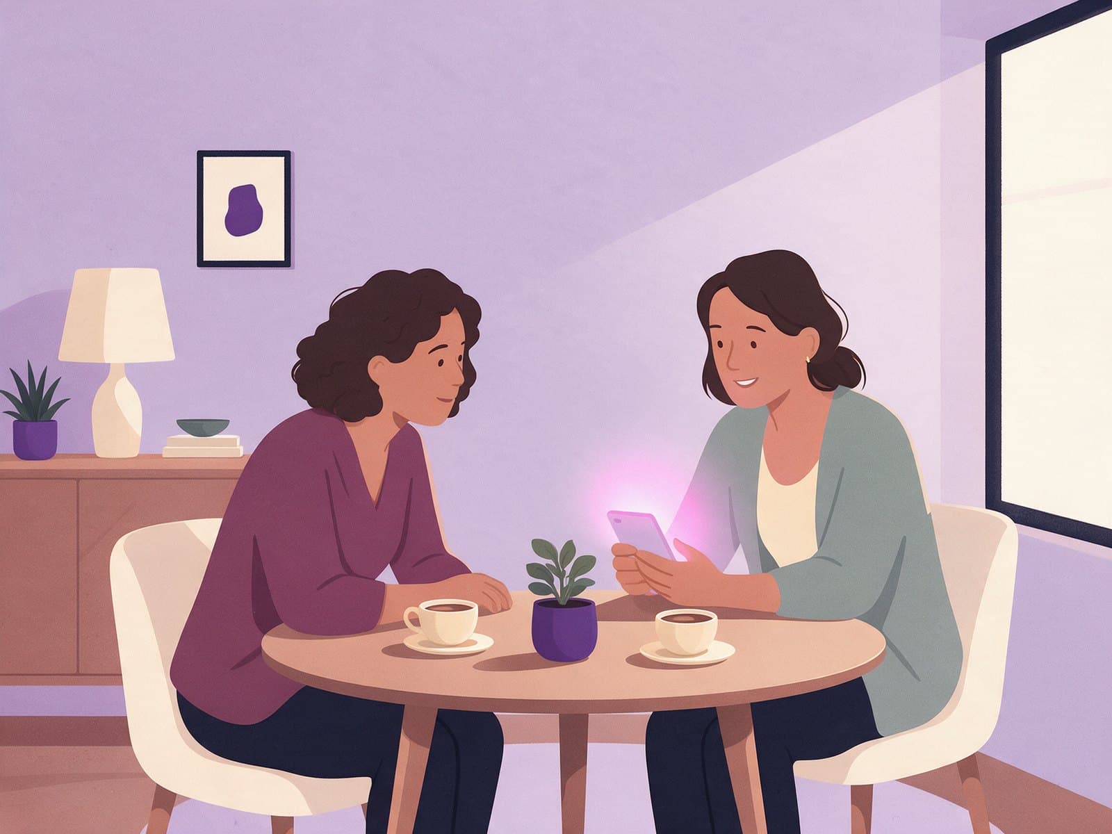 Ilustração de Renata conversando com uma amiga na mesa de um café, com o celular na mão.