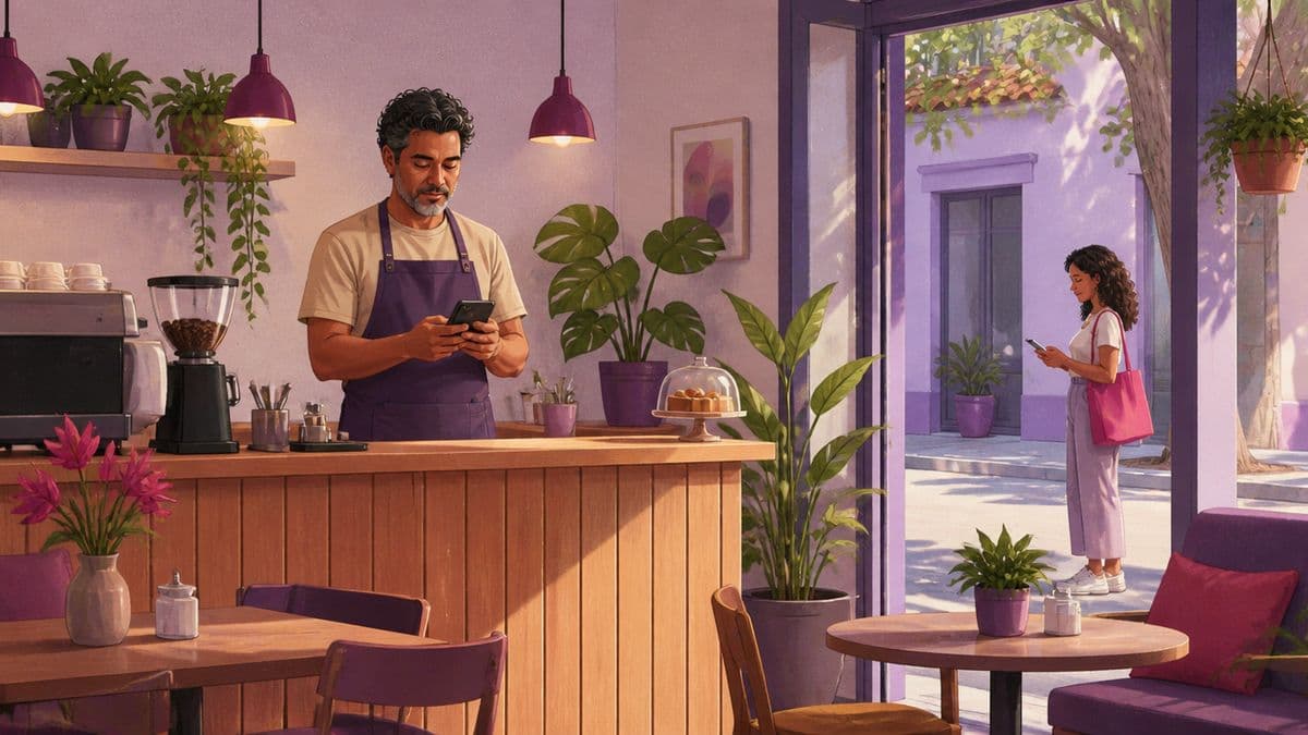 Dono de um café de bairro lê o celular atrás do balcão enquanto uma mulher, na calçada, consulta o próprio celular