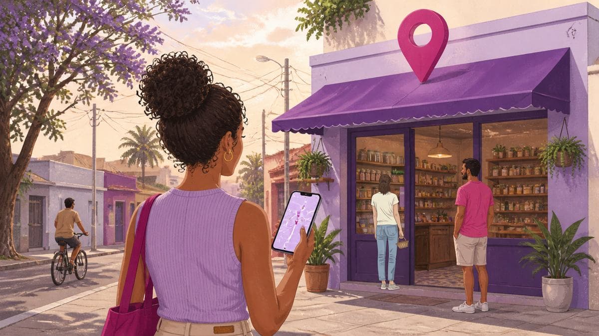 Mulher olha o mapa no celular diante de uma loja de bairro bem cuidada, de toldo roxo, com um pino de mapa acima