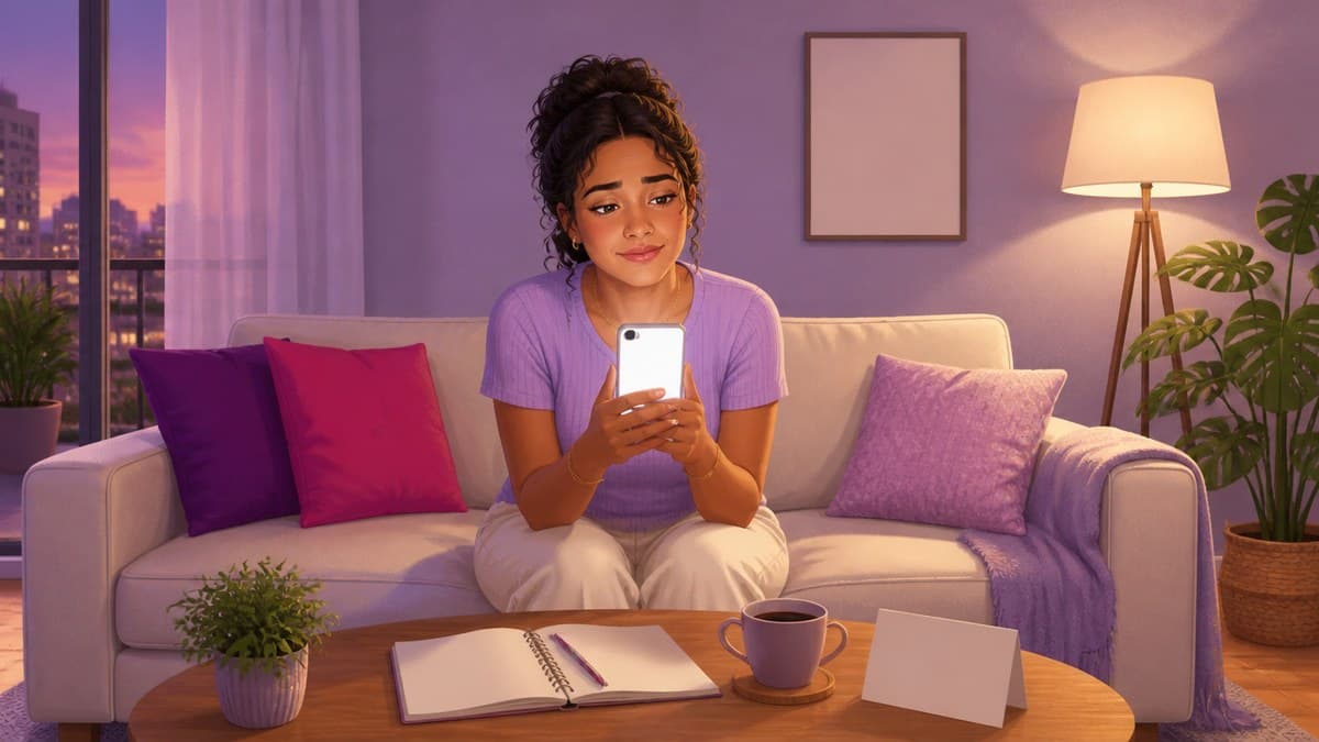 Jovem sentada no sofá da sala olha o celular com expectativa, à espera de uma resposta, com caderno aberto na mesa