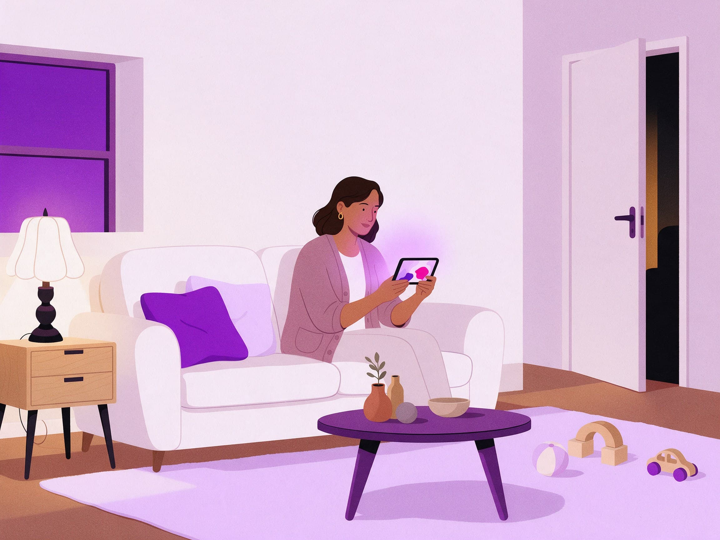 Ilustração de Carla sentada no sofá de casa, à noite, olhando o celular.