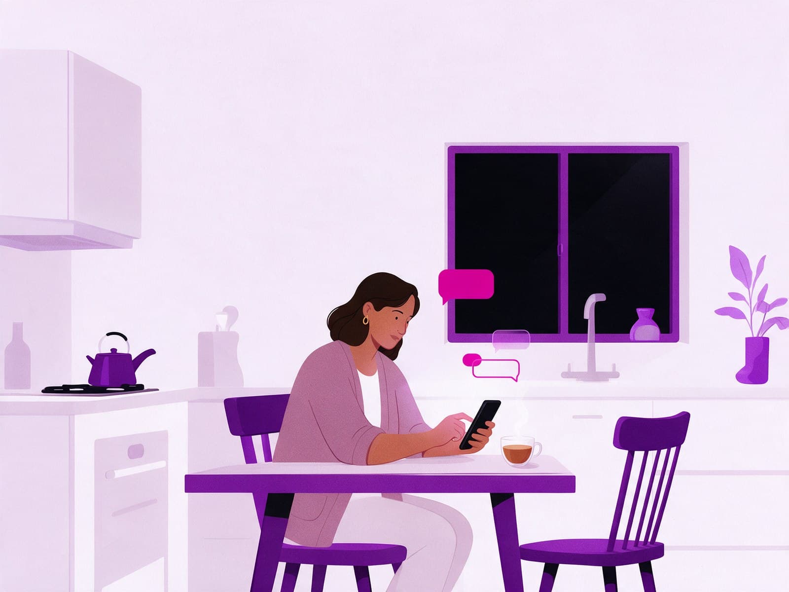 Ilustração de Carla à noite, na mesa da cozinha, escrevendo uma mensagem no celular.