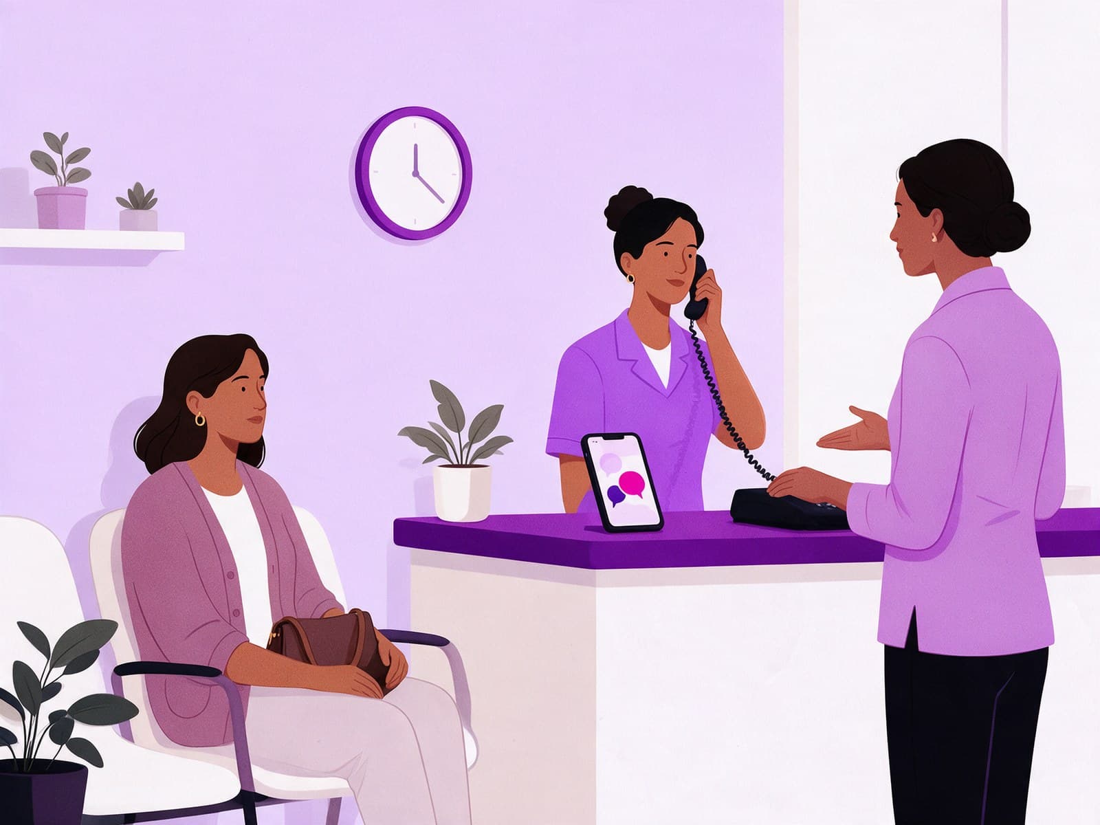 Ilustração da recepção de uma clínica: a recepcionista atende o telefone e o balcão, e Carla espera sentada.
