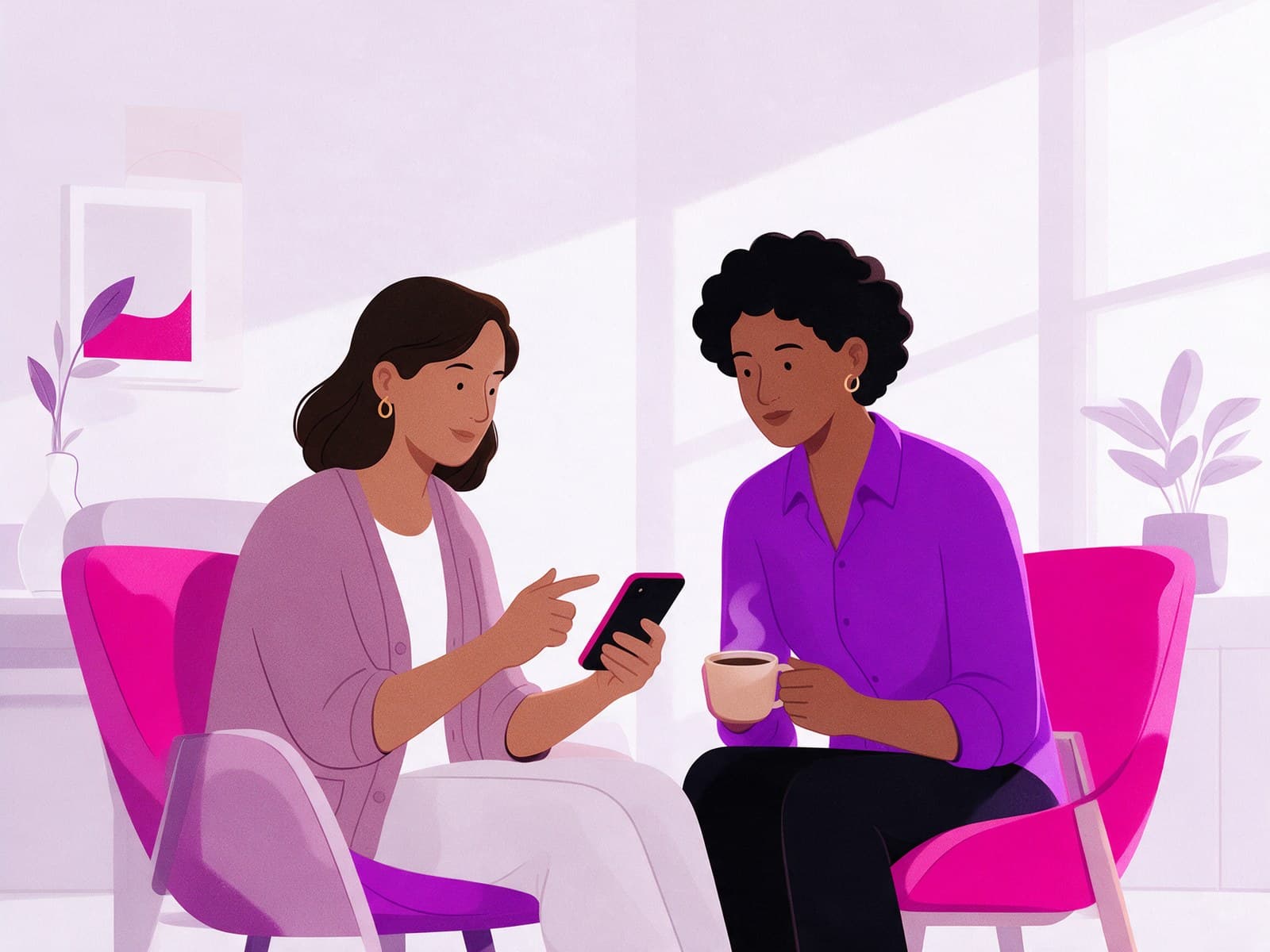 Ilustração de Carla conversando com uma colega de trabalho, com o celular na mão.