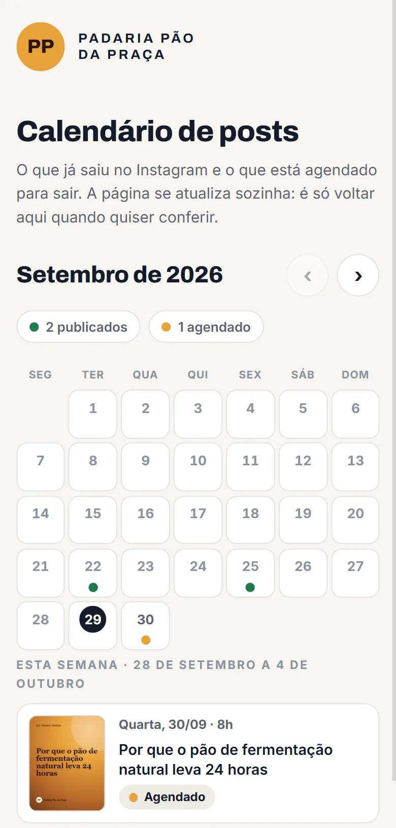 Calendário de posts no celular, com os dias de setembro, dois posts publicados e um agendado